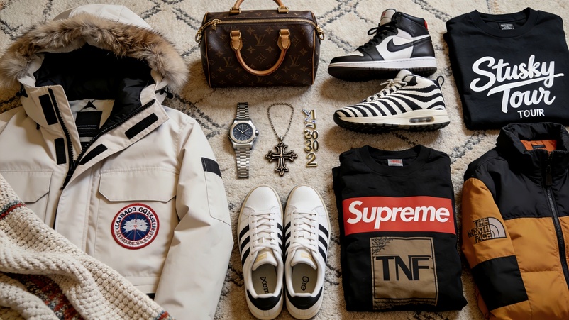 Rep sneakers haul flatlay — Jordan 1, Yeezy, LV bag, Supreme — community QC photo April 2026